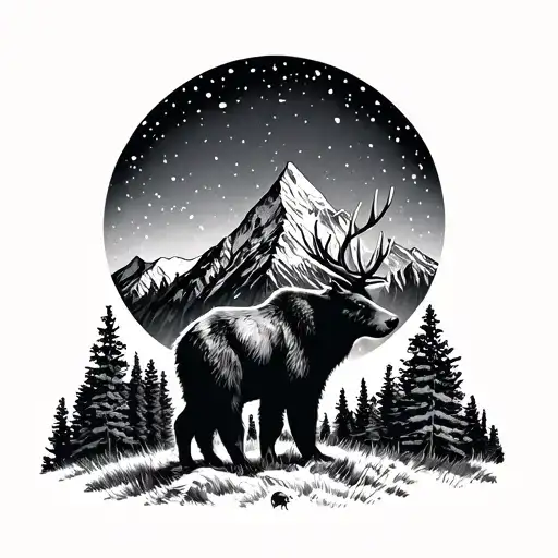 create a biome tattoo image of the rocky mountains including all of the following, black bear,elk, bighorn sheep, butter tattoo design idea