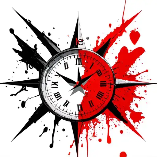 Sanding clock with a crack from which red sand is spilled out. Behind them is a compass with a broken arrow. tattoo design idea