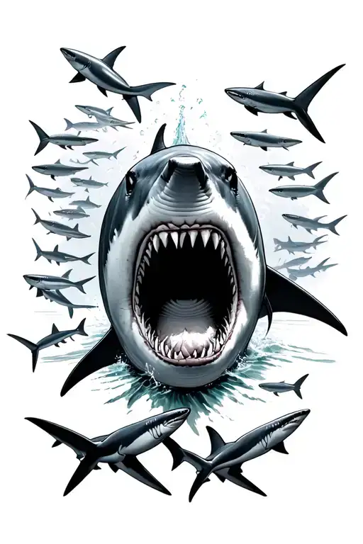 angry great white shark about to attack a school of mako sharks.  great fight scene tattoo design idea