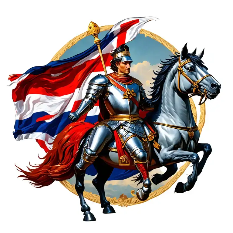 St George and the dragon with horse wearing an English flag suit of armour tattoo design idea