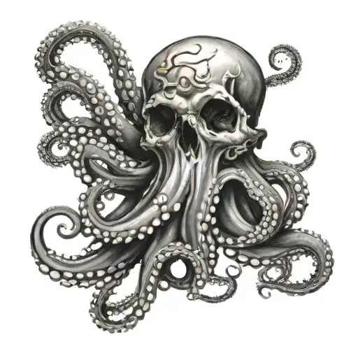 octopus holding skull in its tentacles realistic  tattoo design idea
