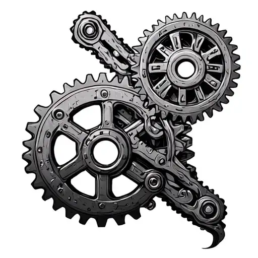 Biomechanical calf tattoo made of two gears connected by a bicycle chain, in grey tones, in the style of H.R. Giger tattoo design idea