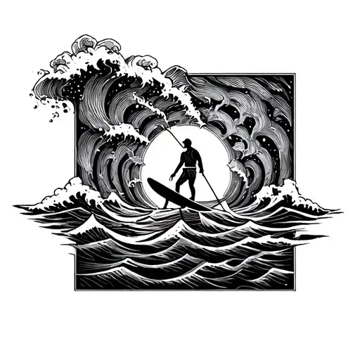 A paddleboarder navigating through a maze of waves tattoo design idea