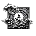 A paddleboarder navigating through a maze of waves tattoo design idea