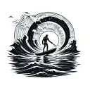 A paddleboarder navigating through a maze of waves tattoo design idea