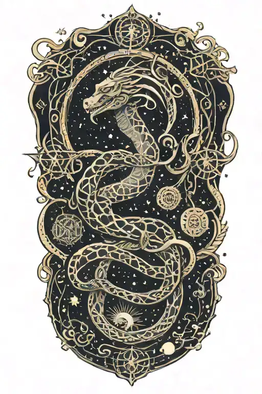 Cosmic serpent of stars and circuits winding from knee, dark body breaking into light, ascending figure at the thigh tattoo design idea