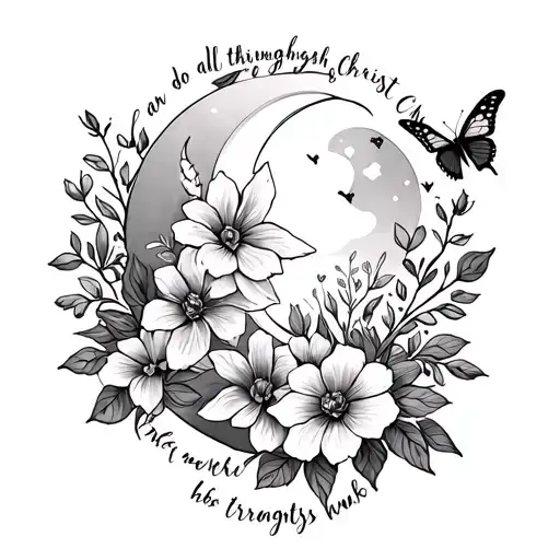  i can do all things through christ who strengthens me back tattoo going down spine with flowers and moon & butterfly  tattoo design idea