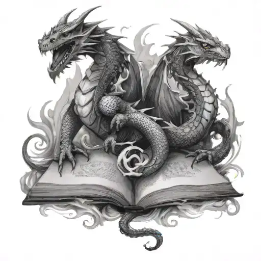 2 dragons and book open in front tattoo design idea