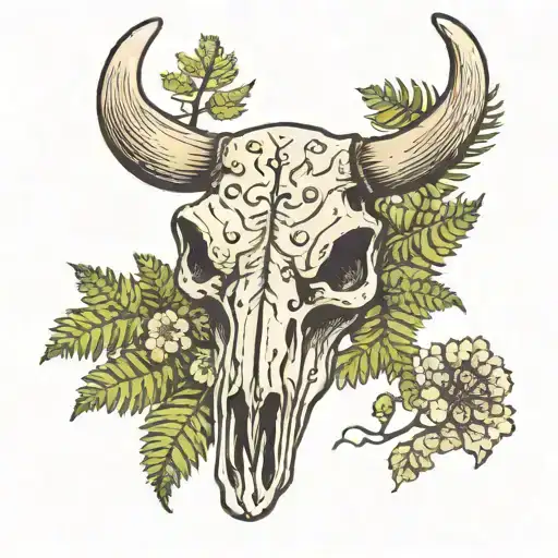 fern, cow skull, mushroom tattoo design idea