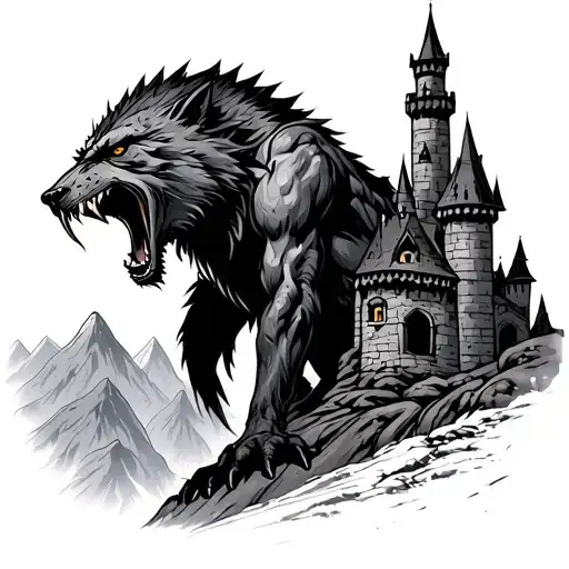 werewolf growling castle overlooking mountains tattoo design idea
