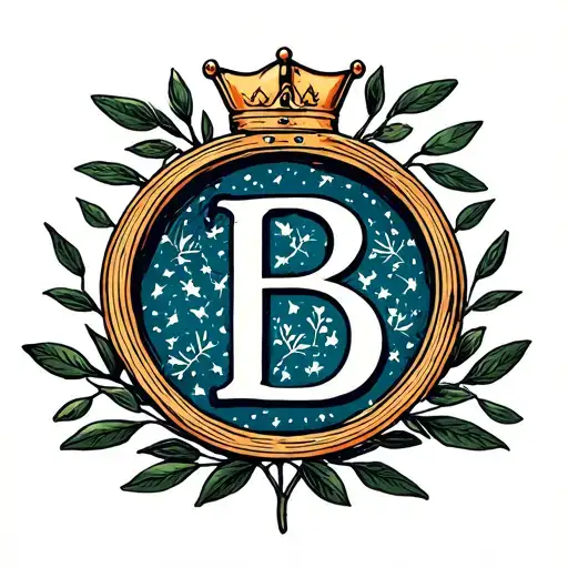 letter b in side of an olive branch circle with a crown on top  tattoo design idea
