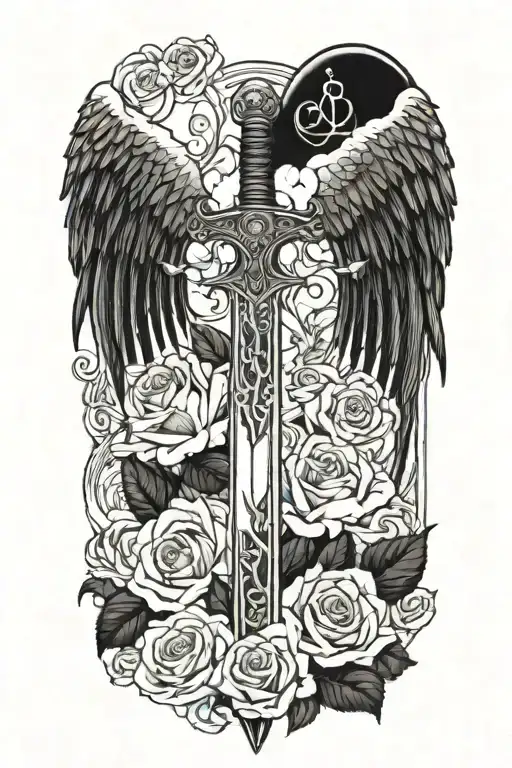 angel wings behind sword, roses tattoo design idea