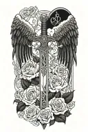 angel wings behind sword, roses tattoo design idea