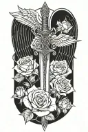 angel wings behind sword, roses tattoo design idea