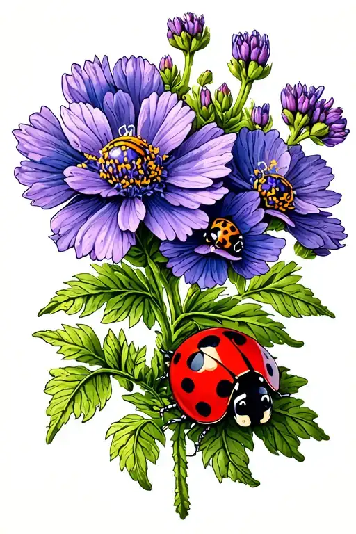 Scottish heather flower and ladybug sitting on top tattoo design idea