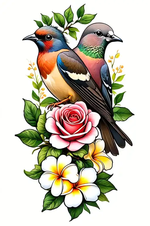 oriole and mourning dove with rose and plumeria flowers tattoo design idea