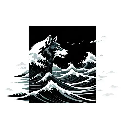 wolf in the sea between a Japanese tsunami-style wave that expresses the phrase "Always flowing, never breaking" tattoo design idea