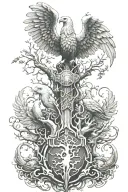 Yggdrasil, Mjolnir and Persian Simurgh in one singular cohesive design. Realism tattoo tattoo design idea