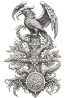 Yggdrasil, Mjolnir and Persian Simurgh in one singular cohesive design. Realism tattoo tattoo design idea