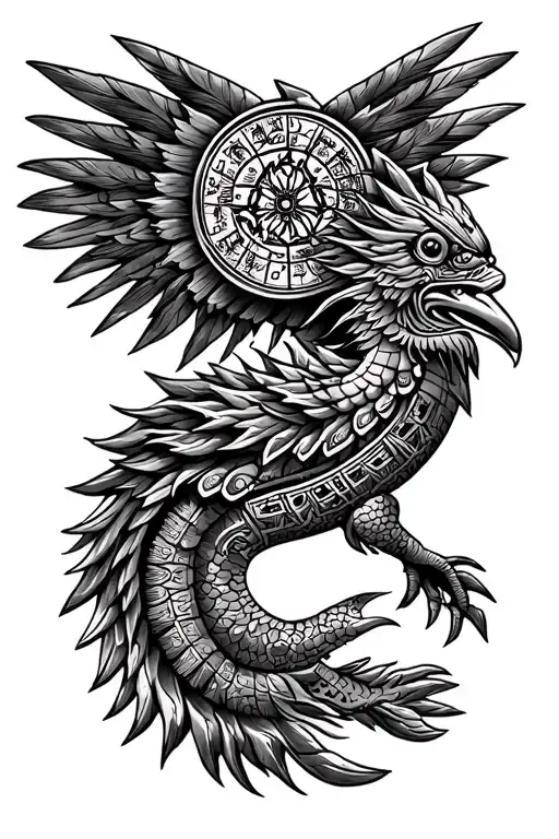mexican emblem and aztec calendar with quetzalcoatl tattoo design idea