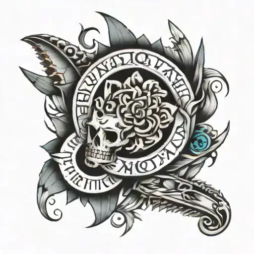 full neck tattoo with the name Dakota and random stuff around it tattoo design idea