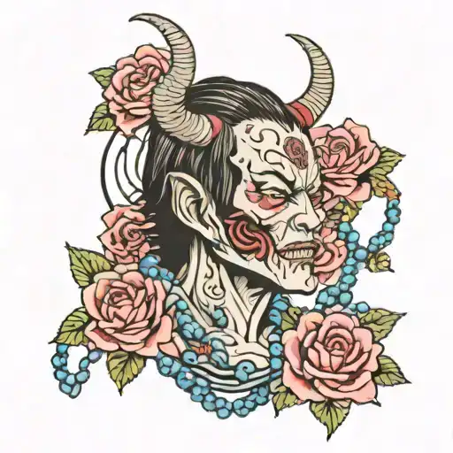 Japanese demon trapped by a rosary and roses tattoo design idea