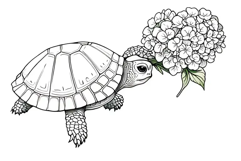 turtle holding Hydrangeas in its mouth tattoo design idea