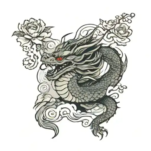 dragon with fish with peonies, winds, waves, smoke tattoo design idea
