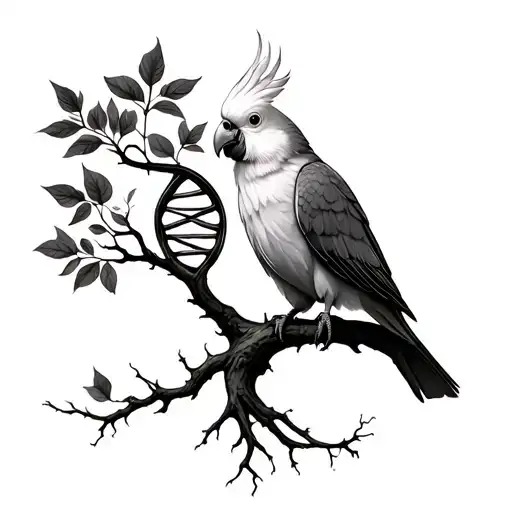 A tree with a DNA stem, a cockatiel bird, magnetic, father and daughter, roots, leaves, timeless, Taurus and virgo tattoo design idea