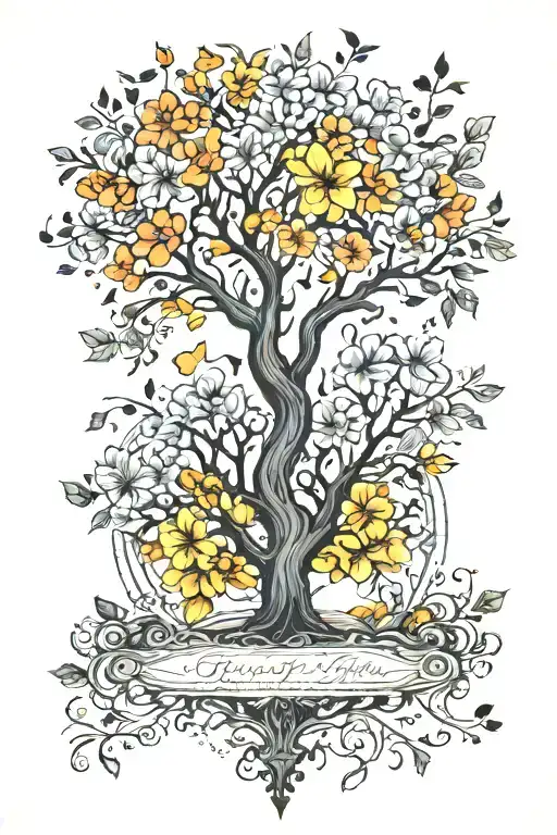 tree of life with May, August, October, November, June birth flowers tattoo design idea