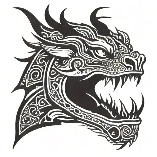 Dragon tattoo on neck, black and white. Aggressive face, open mouth, horns, body wraps down to collarbone with scales tattoo design idea