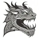 Dragon tattoo on neck, black and white. Aggressive face, open mouth, horns, body wraps down to collarbone with scales tattoo design idea