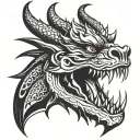 Dragon tattoo on neck, black and white. Aggressive face, open mouth, horns, body wraps down to collarbone with scales tattoo design idea