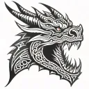 Dragon tattoo on neck, black and white. Aggressive face, open mouth, horns, body wraps down to collarbone with scales tattoo design idea