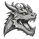 Dragon tattoo on neck, black and white. Aggressive face, open mouth, horns, body wraps down to collarbone with scales tattoo design idea
