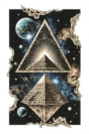 An alien illuminati pyramid emerging from a galaxy background, mad marshen tattoo design idea