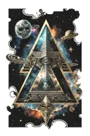 An alien illuminati pyramid emerging from a galaxy background, mad marshen tattoo design idea