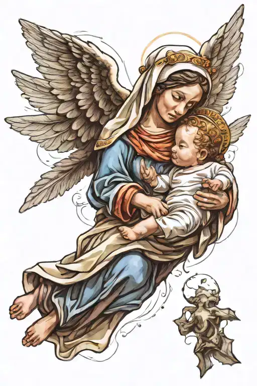 Draw the baby Jesus in Marriam's arms. Marriam is crying. tattoo design idea