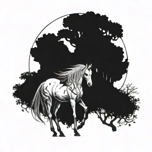 A mystical forest scene with a horse as the guardian spirit, blending your love for nature and horses in a magical way tattoo design idea