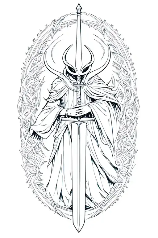 hollow knight holding a sword, ethnic shamanic patterns encircled tattoo design idea