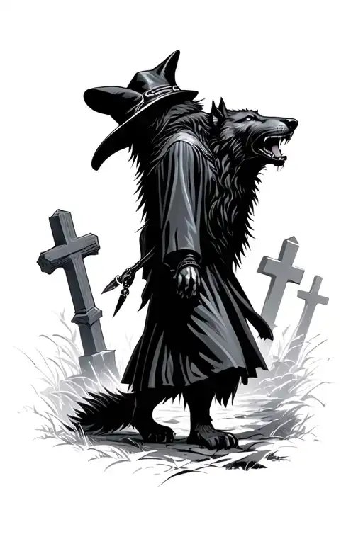plague doctor walking a giant black wolf howling in a cemetery  tattoo design idea