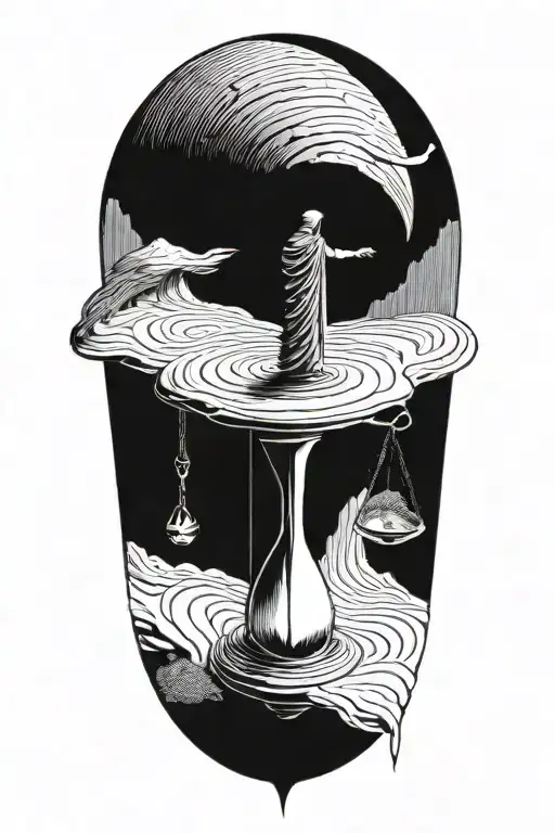 Dark labyrinth, twisted and dark, hooded figure, hour glass with sand flowing upwards tattoo design idea