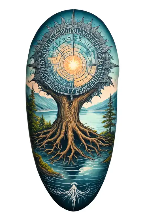 vegvisir and rume and norway nature and ygdrasil and whole sleeve tattoo design idea