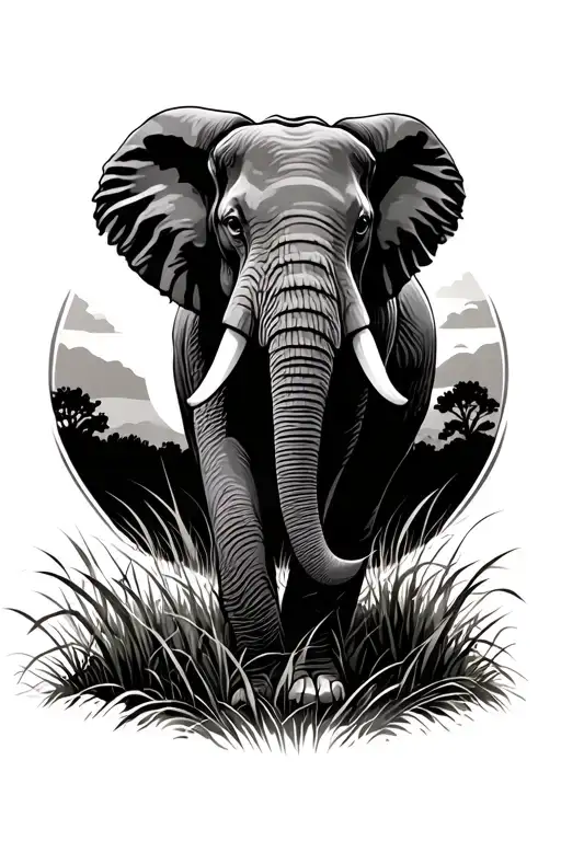 realistic elephant with sunset behind walking through tall grass tattoo design idea