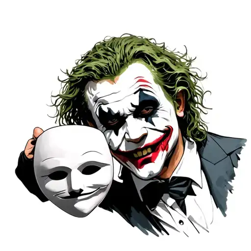 the joker Heath Ledger holding a serious mask in his hand, and he laughs tattoo design idea