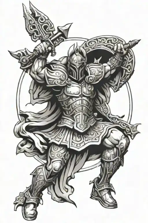 blackwork tattoo design of god ares for side thigh tattoo design idea