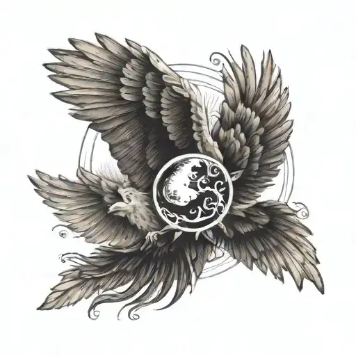 Outstretched wings, sun and moon symbol in the center tattoo design idea