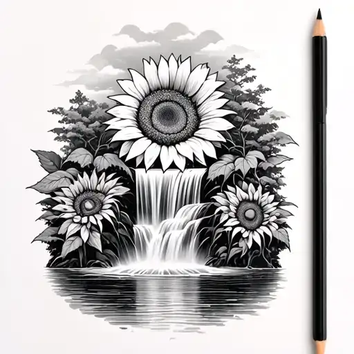 sunflower waterfall surrounded by lush greenery tattoo design idea