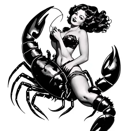 pinup girl riding a crawfish tattoo design idea