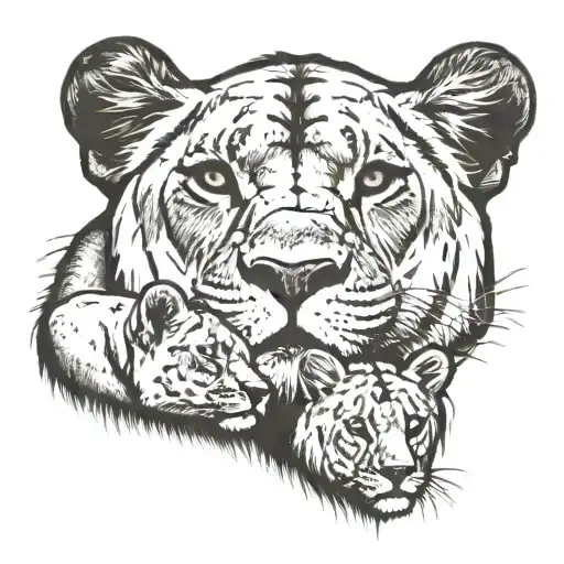 lioness watching her cubs playing tattoo design idea
